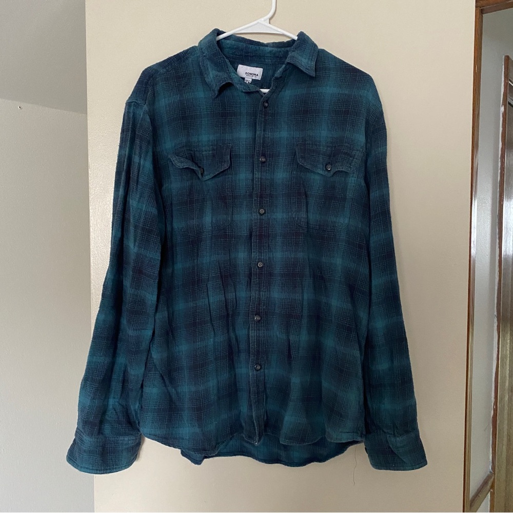 Sonoma Teal Mens Flannel Button Up Shirt EUC